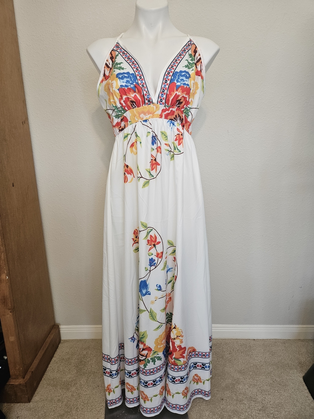 SHEIN White Floral Halter Maxi Dress - Vibrant Multicolor Print